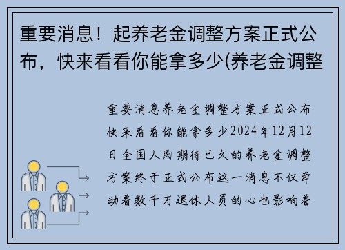 重要消息！起养老金调整方案正式公布，快来看看你能拿多少(养老金调整迎来新模式)