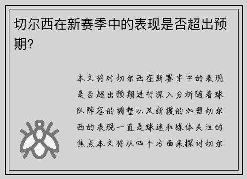 切尔西在新赛季中的表现是否超出预期？